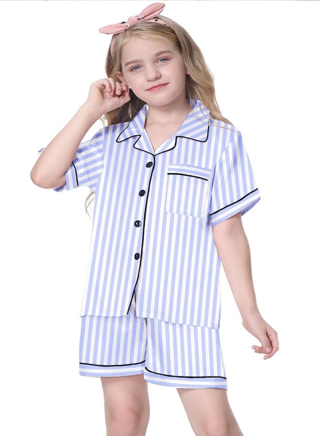 Schbbbta Satin Pajamas for Girls, Silk Pajamas 2 Pcs Button Down Sleepwear Short Sleeve Loungewear Outfit for Girls, Light Navy Stripe, 11-12 Years = Tag 160 - Image 2